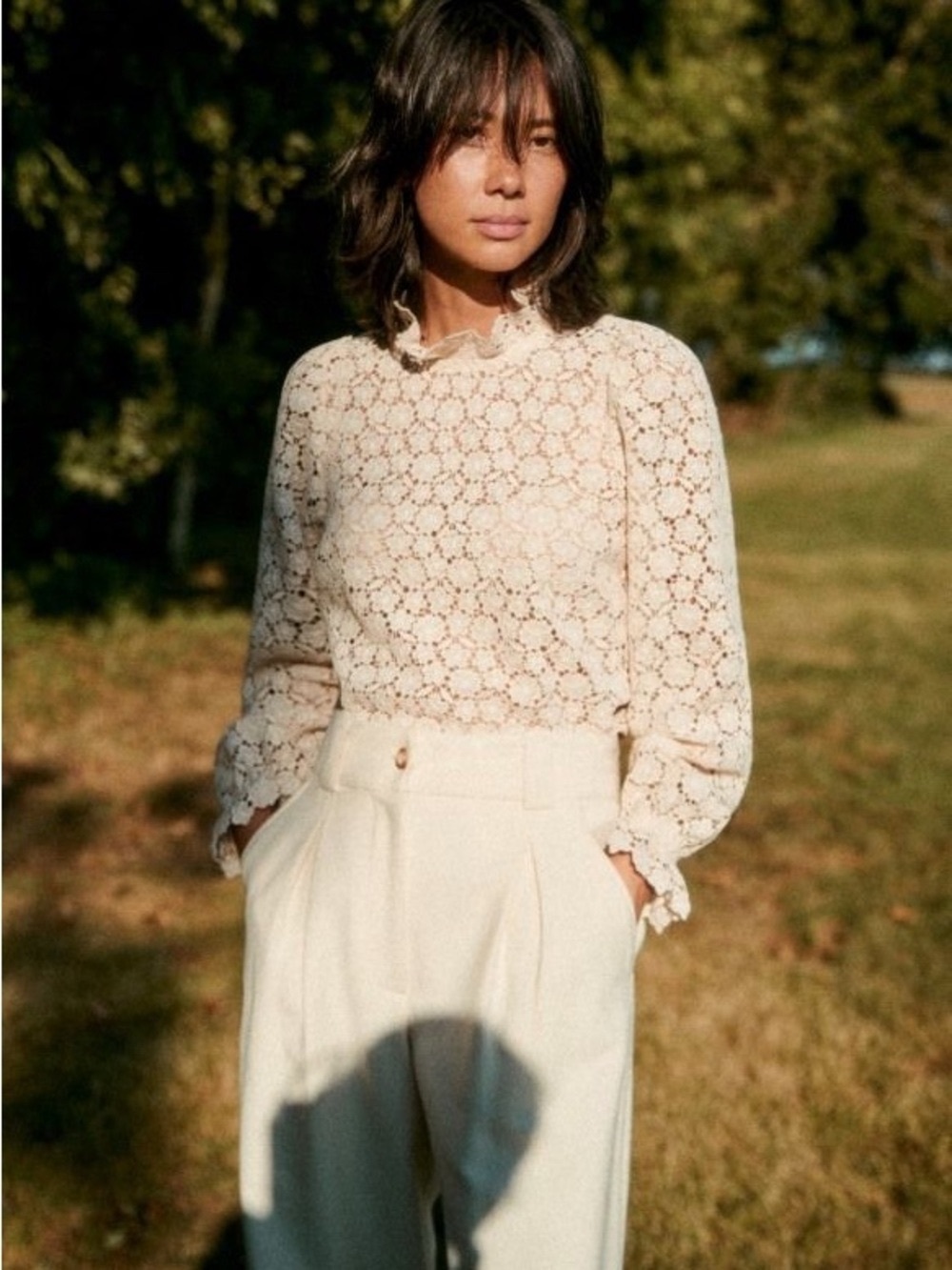 Sezane Cream Floral Lace Ruffle-Neck Long-Sleeve Blouse